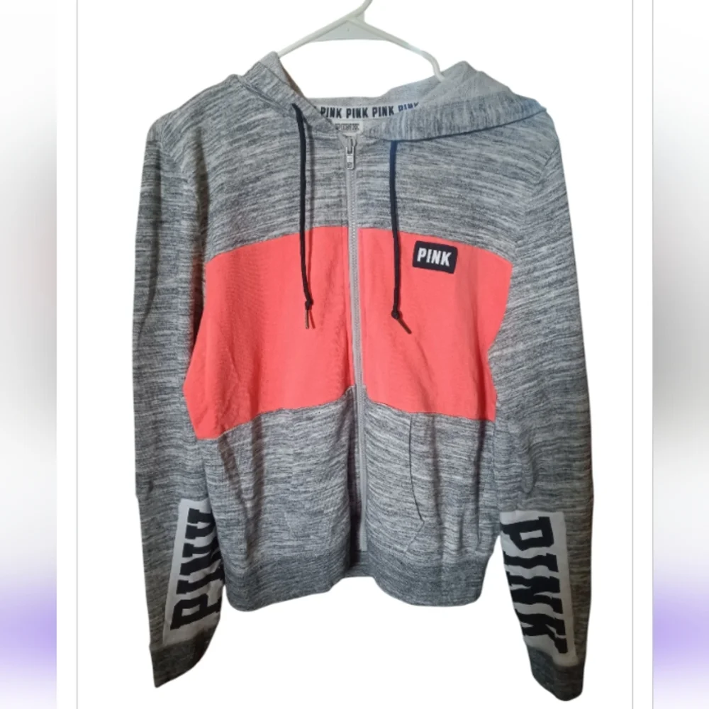 PINK VS Full Zip Hoodie Heathered Gray & Bright Coral 😍 - Picture 1 of 2